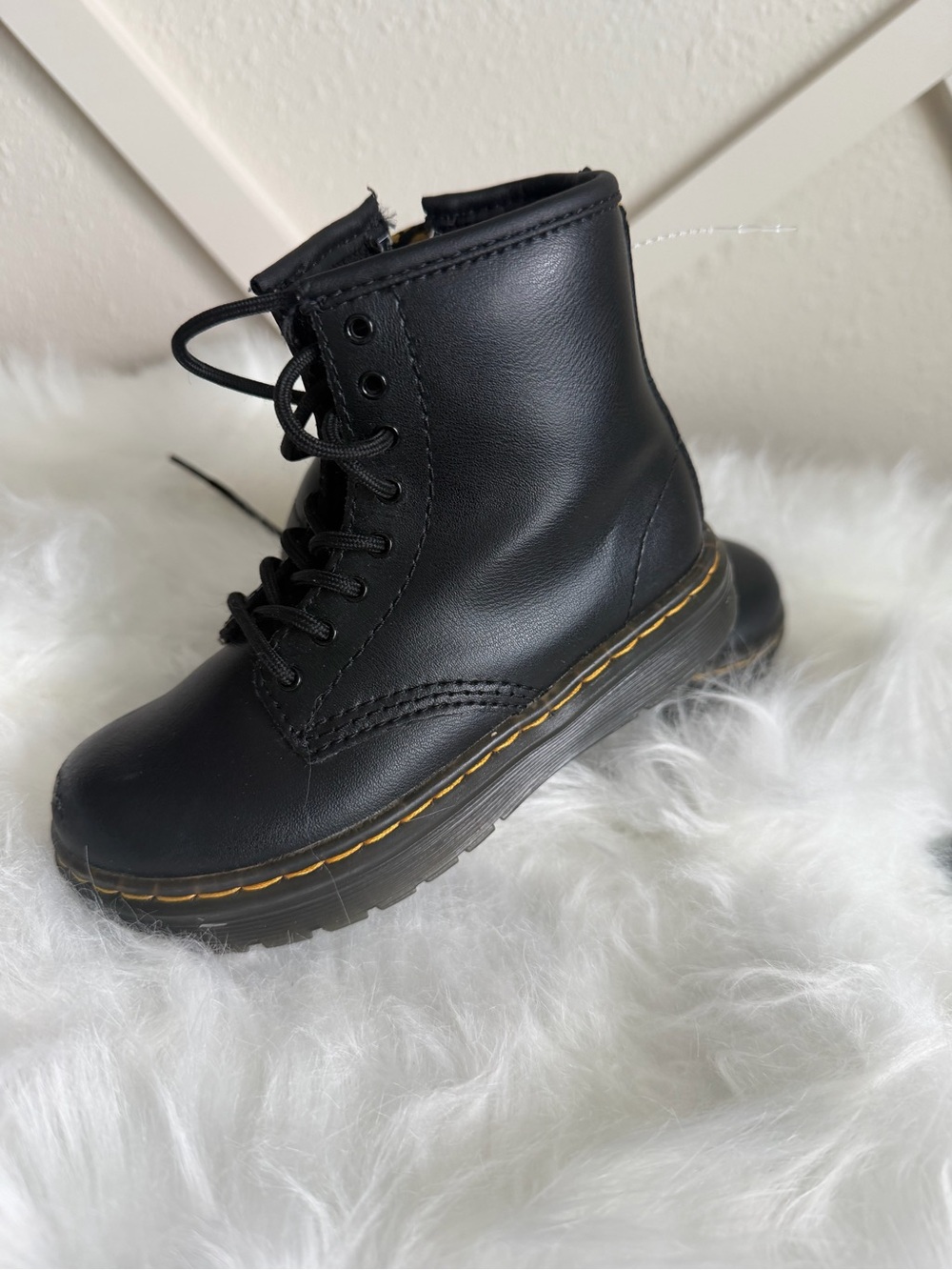 Dr. Martens Kids Black Lace-Up Boot with Yellow Stitching